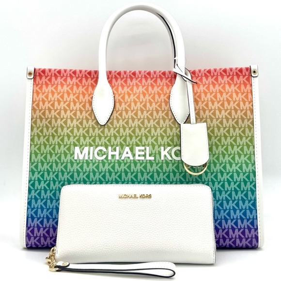 Michael Kors Mirella Medium Logo Tote Bag & Matching Continental Wallet Rainbow - Picture 1 of 12